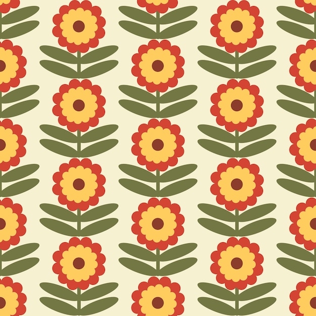 Retro Floral Pattern 70s Funky Design with Geometric Flowers Groovy Mid Century Seamless vector