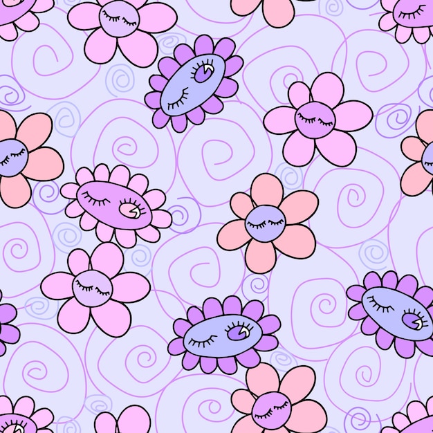 Retro floral seamless pattern with Groovy Daisy flower daisies on grey background