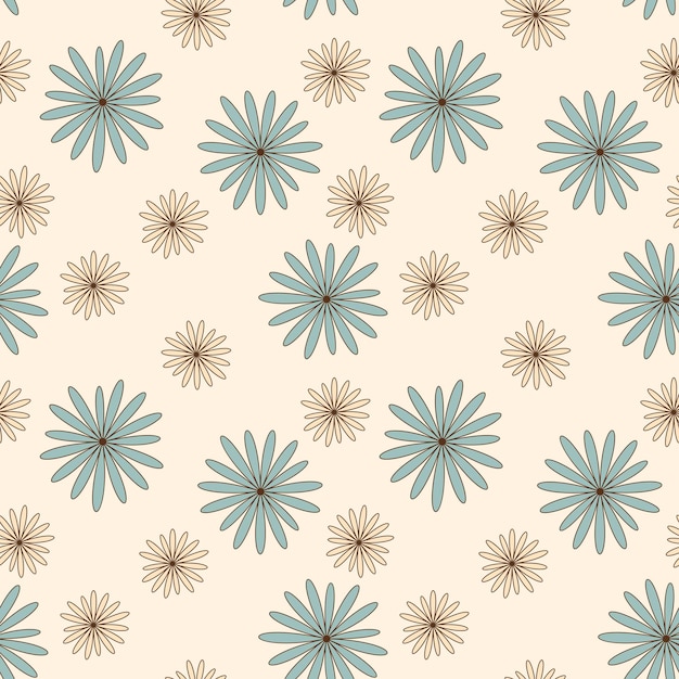 Retro Floral Seamless Vector Pattern in Mid Century Modern Style Flowers of 60s 70s Warm Light Beige and Blue Colorsx9xA