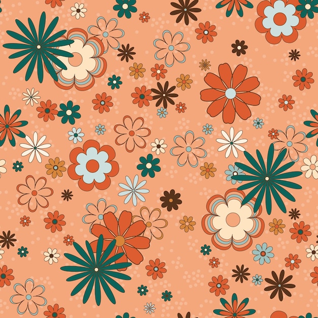 Retro Floral Seamless Vector Pattern in Mid Century Modern Style Flowers of 60s 70s Warm Light Peach Green Brown and Beige Colorsx9xA