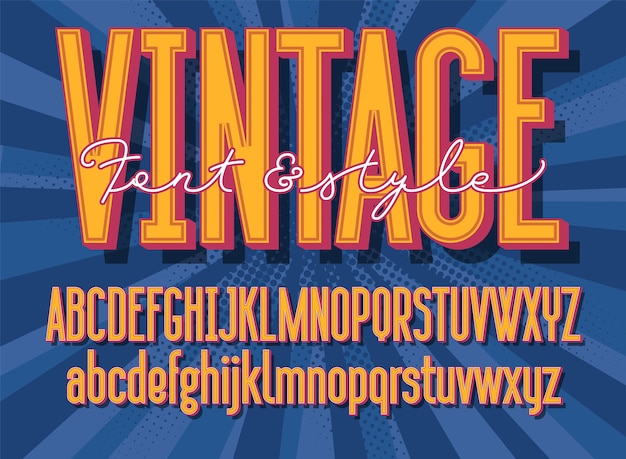 Retro font and graphic style. 3D vintage alphabet letters.