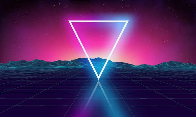 Retro futuristic background for game. Music 3d dance galaxy poster. 80s background disco. Neon triangle synthwave digital wireframe landscape with palms. Space vector.