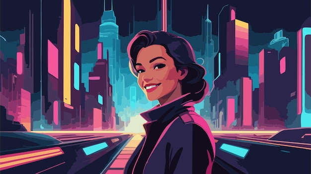 retro futuristic background with a woman and a city background