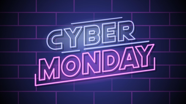 retro futuristic cyber monday sale banner with neon sign text effect