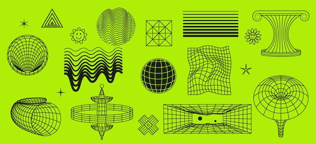 Retro futuristic geometric figures of cosmic shapes and lines Surrealistic elements in grid