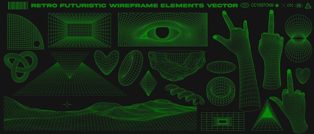 Vector retro futuristic grid, wireframe, abstract geometry, brutalism, rave design elements collection