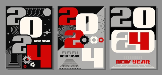 Retro futuristic Happy New Year 2024 posters Bold modern shapes for poster templates flyers soci