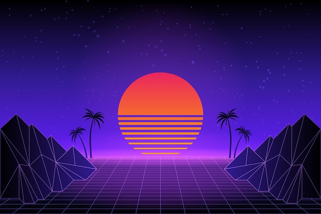 Retro futuristic landscape with palm trees. Neon sunset in the style of 80s. Synthwave retro background. Retrowave. Vector illustration