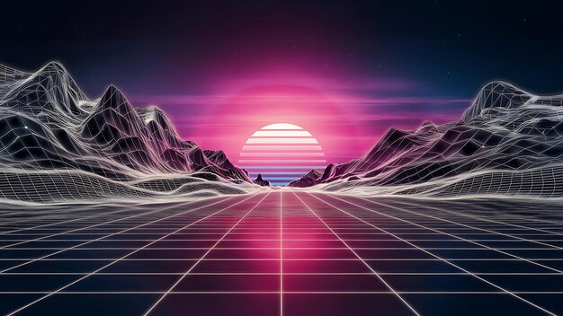 Vector retro futuristic synthwave illustration with neon grid