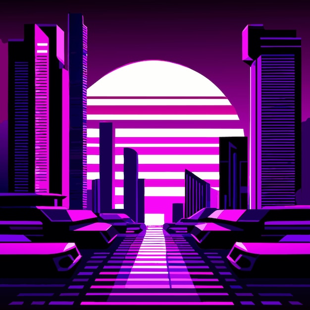 Vector retro futuristic synthwave retrowave styled night cityscape with sunset on background cover or