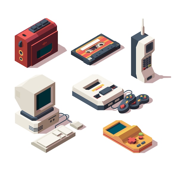 Retro gadgets. Computer camera telephone vhs player game console portable old devices vector isometric. Vintage game computer, old technology device player illustration