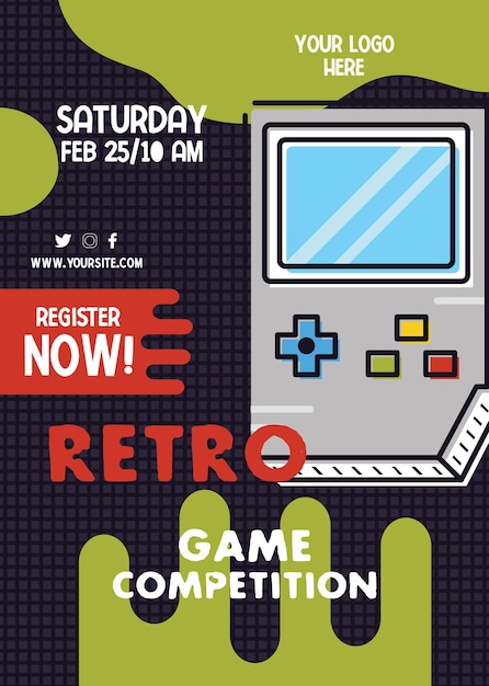 Retro Gaming Flyer template with vintage game console Game competition invitation card design Stock vector poster graphics