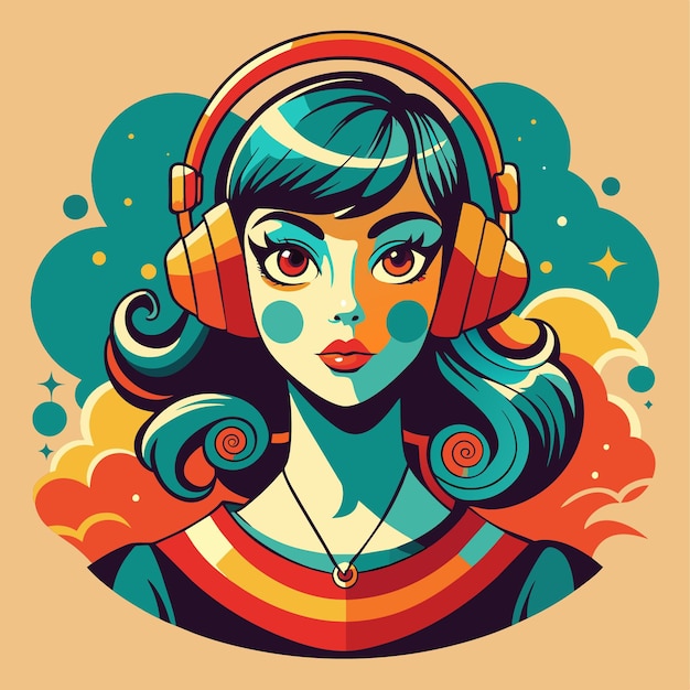 Retro girl listening music with headphones