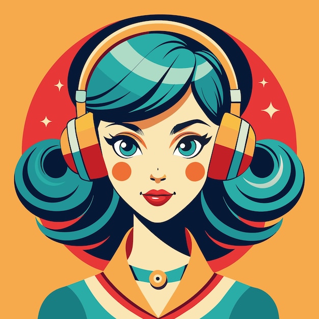 Retro girl listening music with headphones