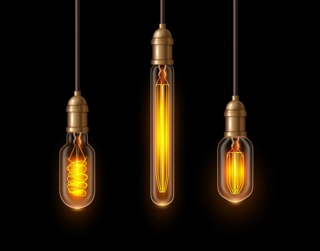 Vector retro glowing lamps lighted light bulbs