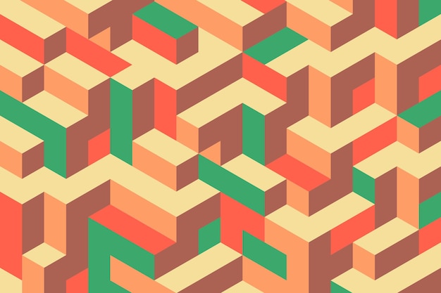 Retro green and red isometric mosaic shapes pattern background in vintage style