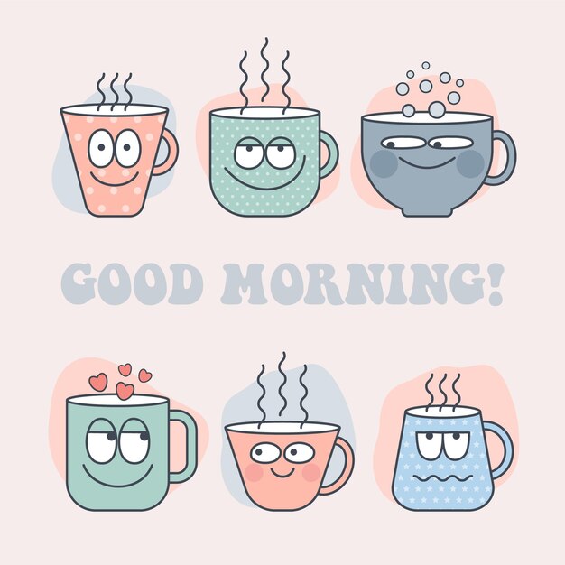 Vector retro groovy cartoon characters. hand drawn funky cup emoticons for stickers in trendy style