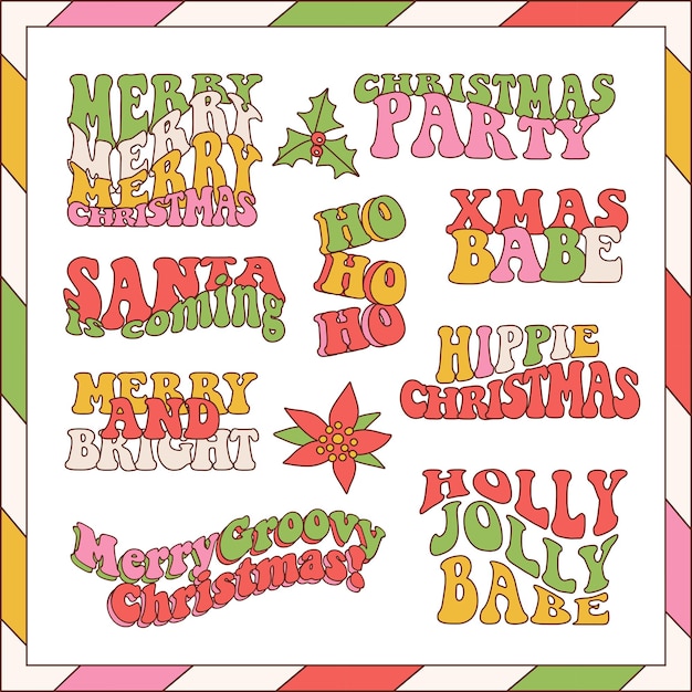 Retro groovy christmas set of festive phrases santa is coming holly jolly vibes ho ho ho merry and b