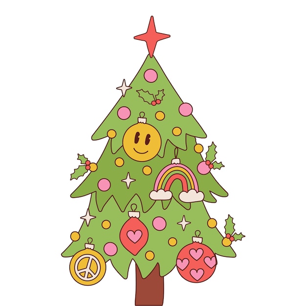 Retro groovy christmas tree isolated on a white background hippie style sublimation print for holida