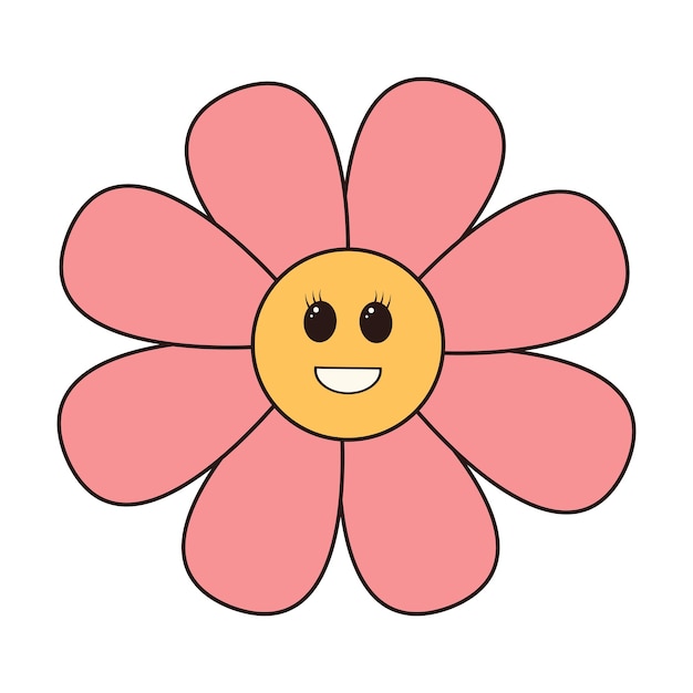 Retro groovy daisy flower character Linear color vector illustration