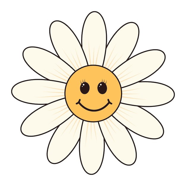 Retro groovy daisy flower character Linear color vector illustration