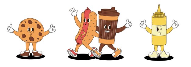 Vector retro groovy fast food desserts and coffee characters set coffee hot dog cookie mustard