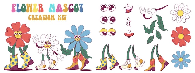 Retro groovy flower mascot creation kit