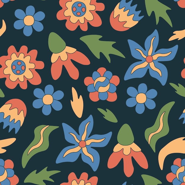 Retro groovy flowers elegant seamless pattern