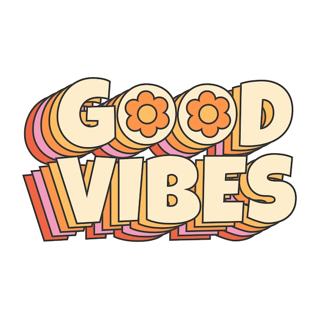 Retro groovy hippie 70s sticker Good vibes phrase sticker in trendy retro psychedelic cartoon style