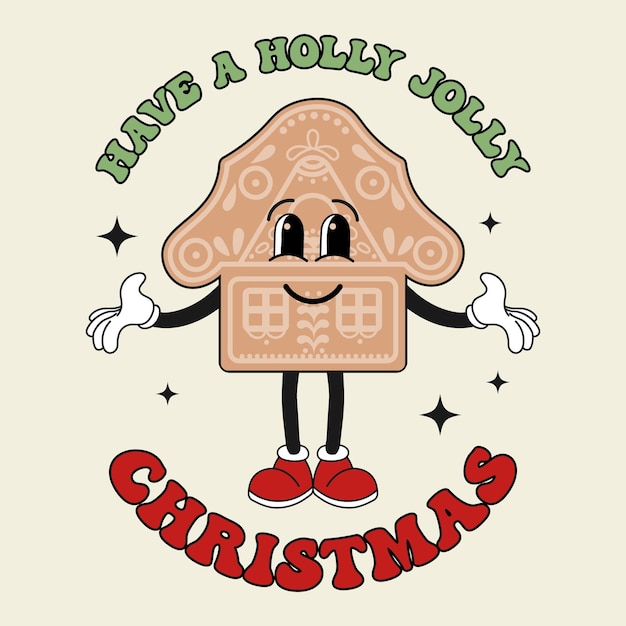 Retro Groovy hippie christmas gingerbread house character with calligraphy Christmas Holiday card