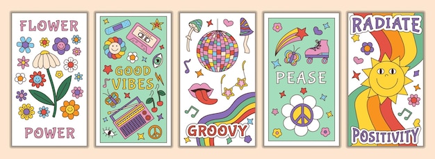 Retro groovy posters Cute chamomile and daisy flowers and mushrooms psychedelic hippy banners 70s love power collection summer sun and heart cards Vector cartoon good vibes prints