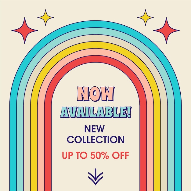 Retro groovy sale post template in trendy y2k style. Nostalgic 90s square banner  for social media