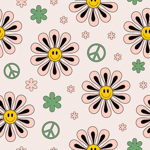 Retro groovy seamless pattern with cute smiling flowers and peace symbols on pastel background