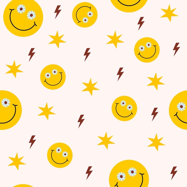 Retro groovy seamless pattern with smiling faces and stars on a light background