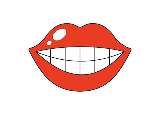 Retro groovy smiling mouth with shiny white teeth big plump glossy red opened lips funky female lip