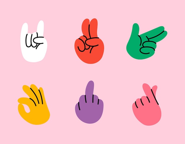 Retro groovy style hands set Psychedelic hippie hand collection Vintage hippy various palm sticker pack Showing gestures victory shaka ok rock and love Abstract trendy y2k vector illustration