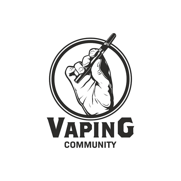 Retro hand holding vapor logo smoking electronic cigarettes logo design template