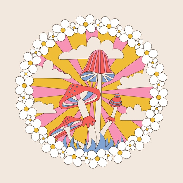 Retro hippie badge with cute groovy daisy flowers sunbeam and mushrooms isolated on a pastel backgro