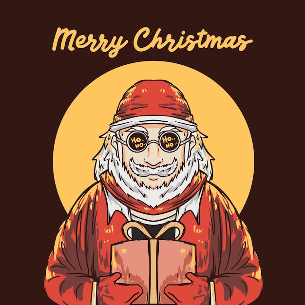 Retro hippie santa claus giving christmas gift box illustration