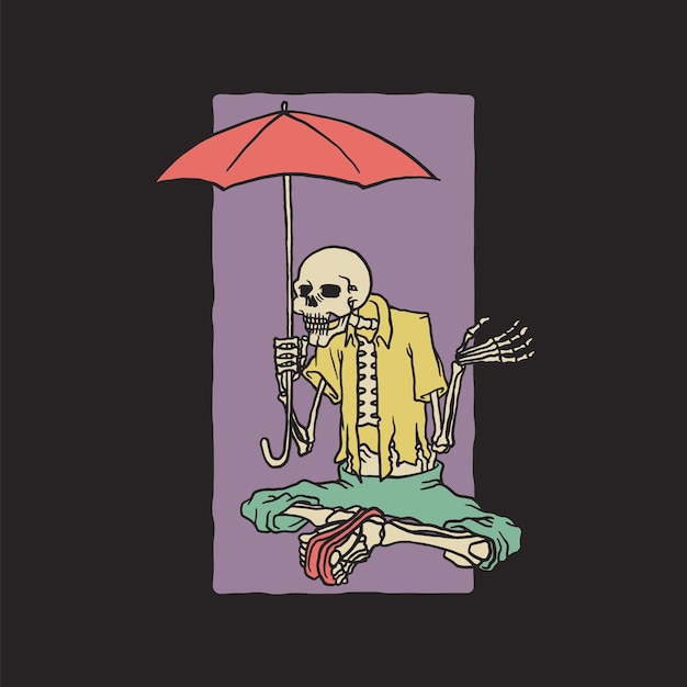 Retro illustration of skeleton holding an umbrella