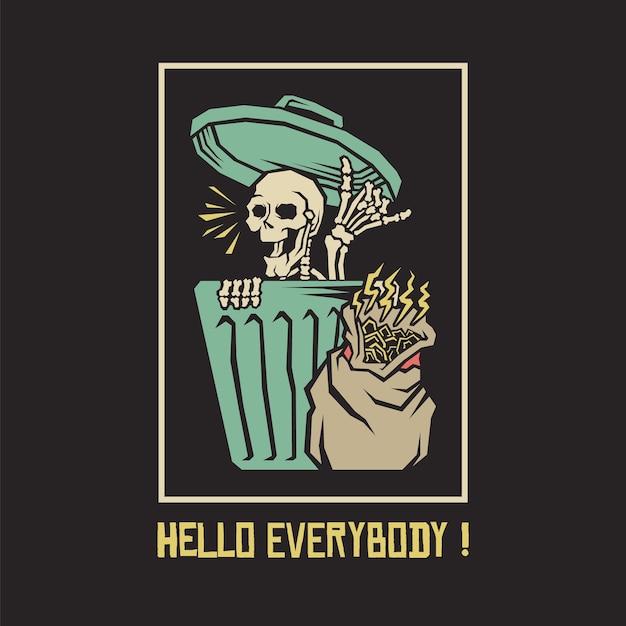 Retro illustration of skull emerging from trash can