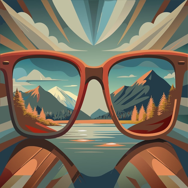 Retro illustration of square glasses mountain forest and lake rich colors