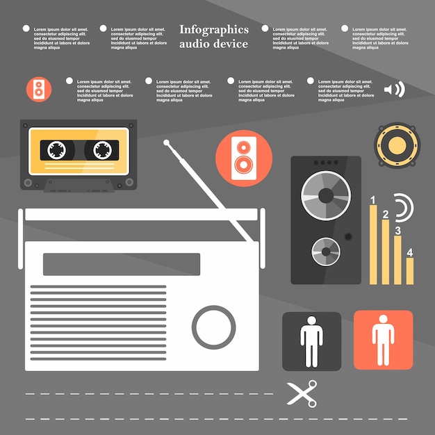 Retro infographic audio device music cassette music speakers the elements in a flat design