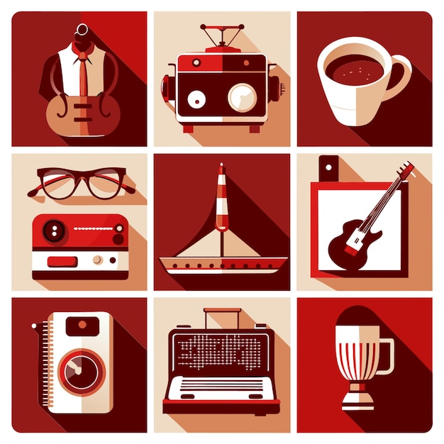 Vector retro items simple icon isolated from each other 9pieces vector illustration flat 2