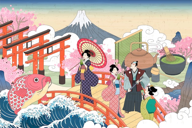 Retro Japan scenery in Ukiyo-e style, people carrying enjoying their green tea on the bridge