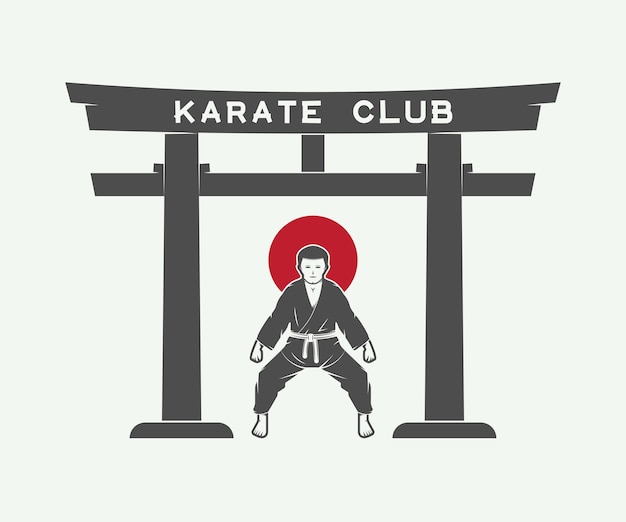 Retro Japanese torii gate with japan flag and karate fighter in vintage style Vector Illustration