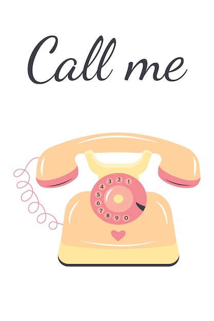 Retro landline phone with heart Call me quote Greeting card or poster