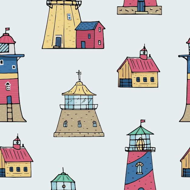 Retro Lighthouses colored doodle vector seamless pattern