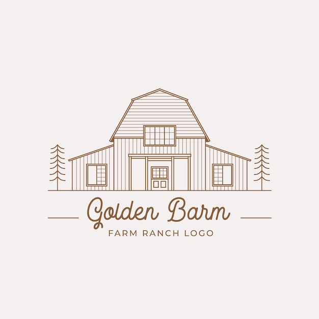 Vector retro line art golden wood barn farm minimalist logo design