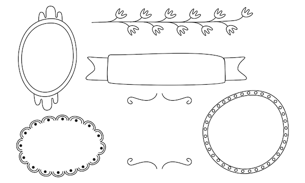 Retro line drawing frames, ribbons, florals, decorations and plants